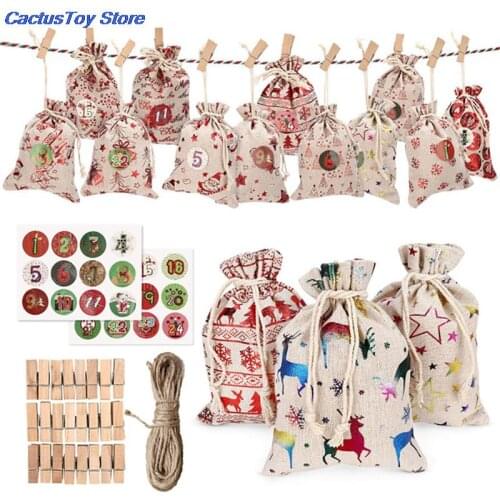 24pcs 1-24 Numbers Bag Christmas DIY Advent Calendar Ornament Christmas Gift Bags Calendar Countdown Bag Candy Storage Pouches