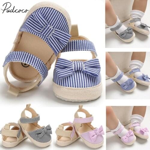 0-18M Children Summer Shoes Newborn Boy Soft Crib Shoes Infants Anti-slip Sneaker Baby Girl Striped Bow Prewalker