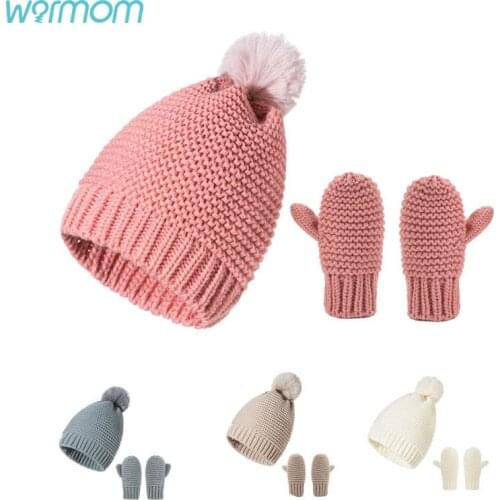 Warmom Baby Hat Gloves Beanie Cap Childrens Hats Girls Caps Fake Ball Pompon Keep Warm Winter Hat and Glove Set for Kids