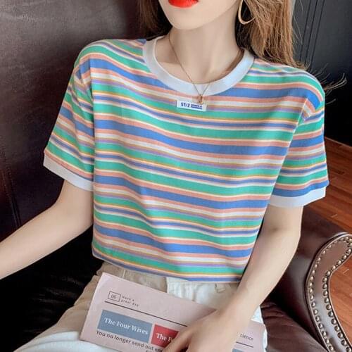 Summer Women Minimalist Striped T-Shirts Casual O-neck Short Sleeve Loose Women Top Female Sweet Basic Tee Shirt
