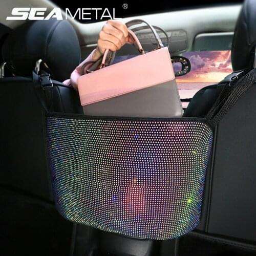 Bling Bling Car Seat Storage Pocket Rhinestone Handbag Holder for Women Car Organizer Seat Back Storage Bag Auto Stowing Tidying