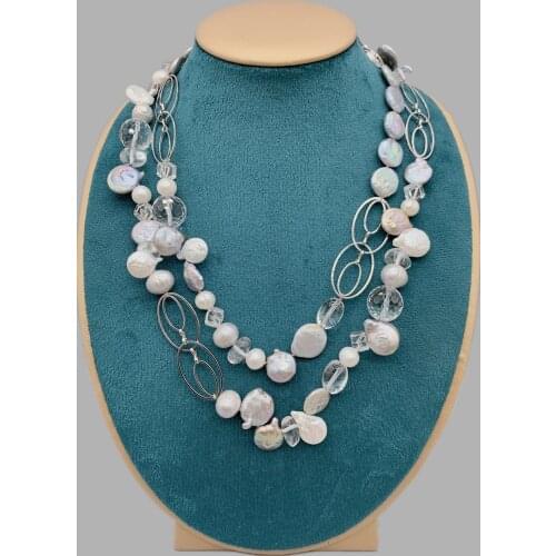 FoLisaUnique Gray White Tear Drop Round Coin Pearls Necklace For Women Birthday Gift Stainless Steel Oval Chains Long Necklace