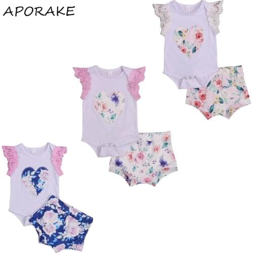 2021 0-24M Newborn Baby Girl Clothes Lace Sleeveless Heart Print Romper Top+Floral Shorts Summer Sweet 2pcs Set 3 Colors
