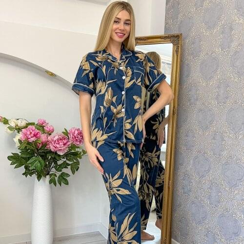 Womens Two-piece Home Suit for Spring and Summer Long-sleeved Cotton Pants Pajamas Print Full sleep tops Woman Pijama Set