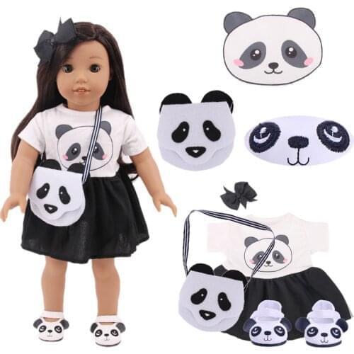 Doll Clothes Panda Shoulder Bag Shoes Skirt Suit Fit 18 Inch American&43 Cm Baby New Born Doll Generation Christmas Girl`s Toy