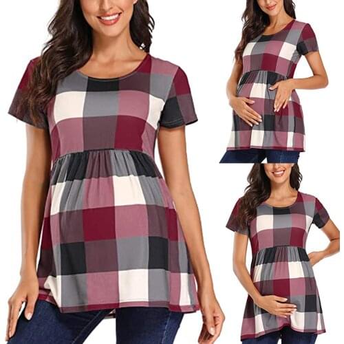 Maternity Summer Shirts Blouse For Pregnant Women Maternity Short Sleeve Plaid Print Round Neck Tops Blouse Pregnancy Tees