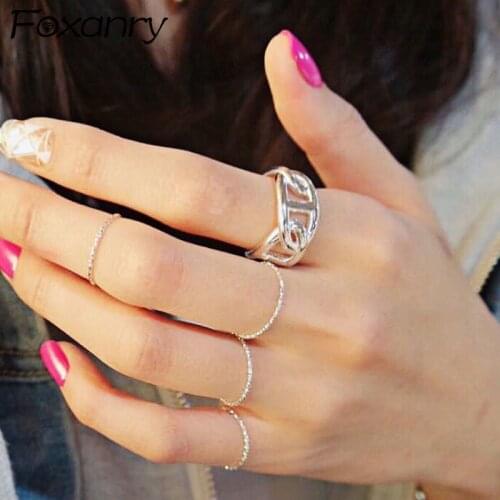 Foxanry 925 Sterling Silver Trendy Rings for Women Couples Creative Simple Hollow Geometric Handmade Wedding Bride Jewelry Gifts