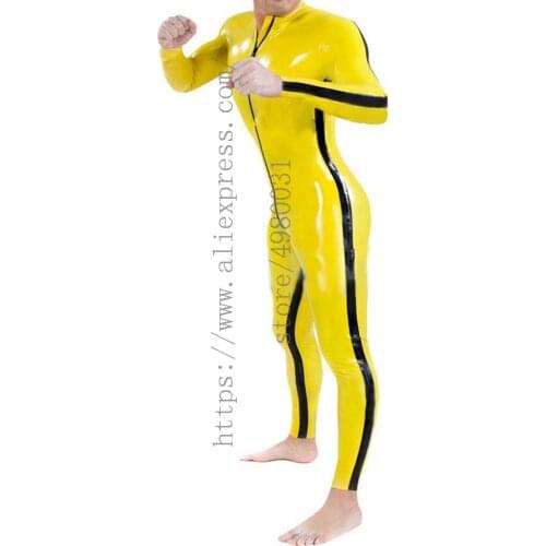 Front zipper to ass design mens long sleeve Fetish latex catsuit with black stripes decorations