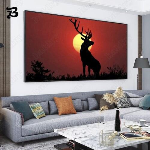 Canvas Painting Wall Art Animals Sunset Landscape Elk Grassland Foraging Wall Pictures for Living Room Home Wall Decoration