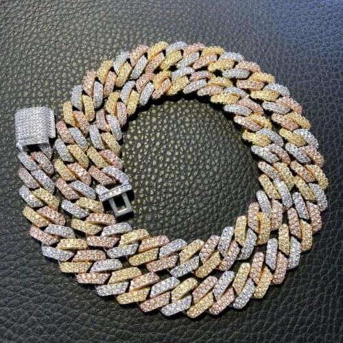 Three-Tone Prong cuban chain Link chain Choker (12mm) in Rose/yellow/White Gold