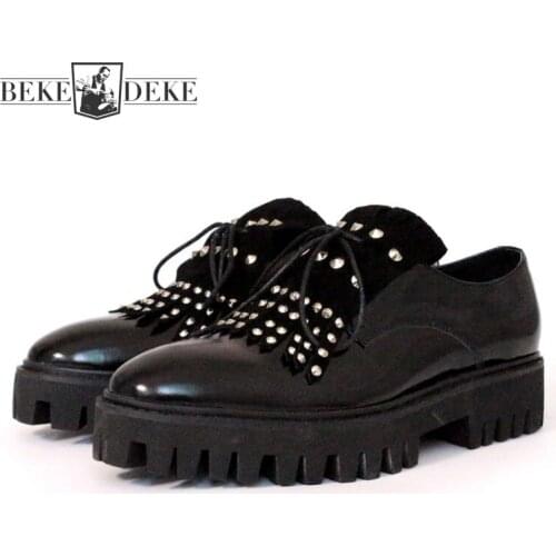Rivet Tassel Platform Shoes Mens Genuine Leather Dress Shoes Business Casual Black Oxfords Male Fashion Party Shoes Plus Size 45
