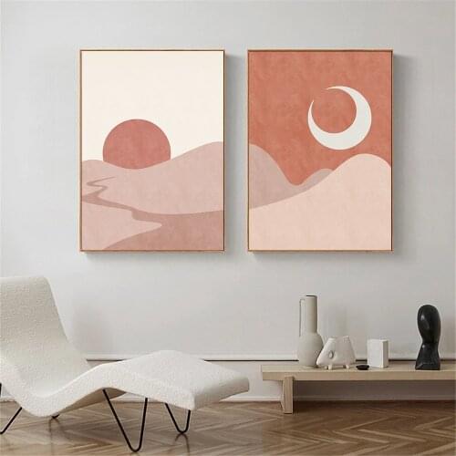 Sun And Moon Vintage Poster Abstract Landscape Wall Art Canvas Painting Terracotta Boho Print Wall Pictures Living Room Decor
