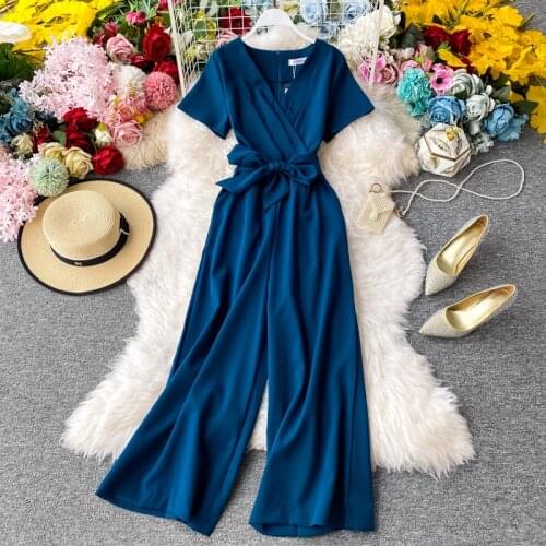 2021 Slim Spring Bandage Office Rompers V Neck Summer Full Length Jumpsuit Casual Women Elegant Playsuit High Waist Romper