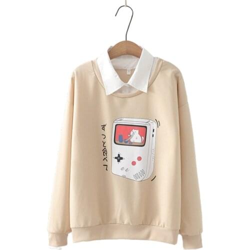 Womens Sweatshirts Fresh Sweet Cute Cartoon Game Machine Print Turn-Down Collar Fake Two-Piece Femme Harajuku Pullovers 2XL