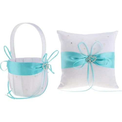 2pcs Wedding Ceremony Satin Double Heart Ring Pillow Flower Girl Basket Set