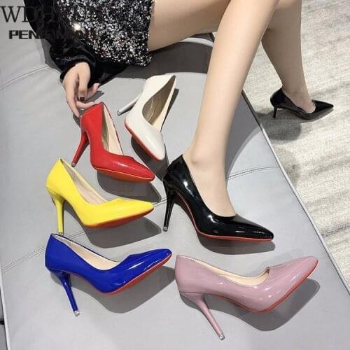 2021 New Women Yellow Blue 10cm High Heels PU Leather Female Scarpins Office Pointed Toe Tacons Pumps Shoes Plus Size