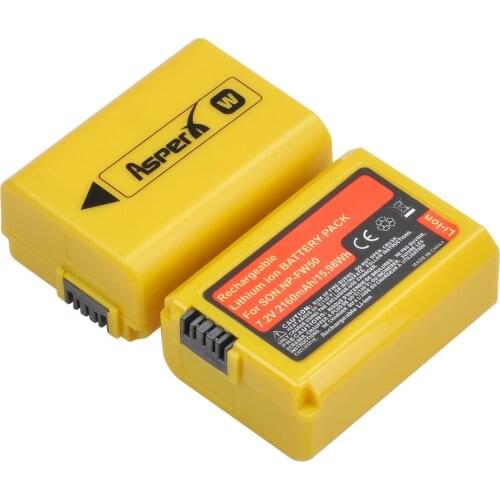 2160mAh Yellow NP-FW50 Battery for Sony NP FW50, A6000, A6500, A6300, A6400, A7, A7II, A7R II, A55, NEX-3N, RX10 iii, RX10 Mk iv