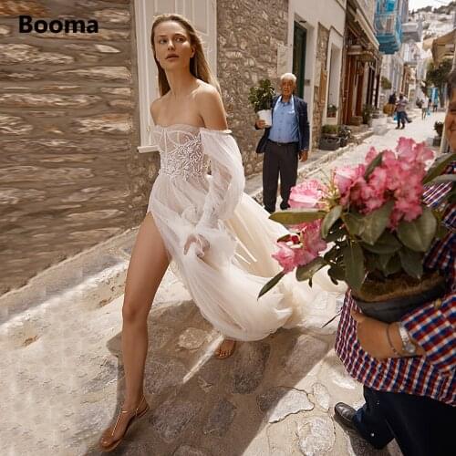 Booma Fairy Tulle Boho Wedding Dresses Puff Sleeves High Slit Beach Bride Dresses Open Back Appliqued A-Line Wedding Gowns