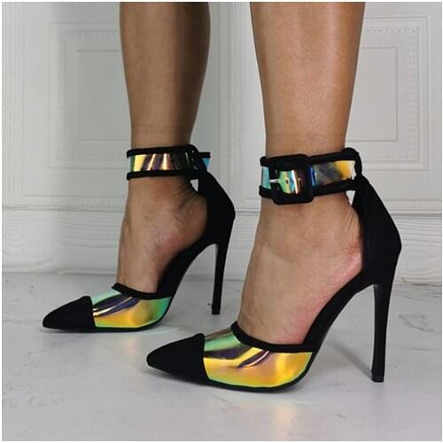 Women Sandals Buckle Strap High Heels Pumps Reflection Colors Pointed Toe Shoes Woman Sandalias Large Size 34-52
