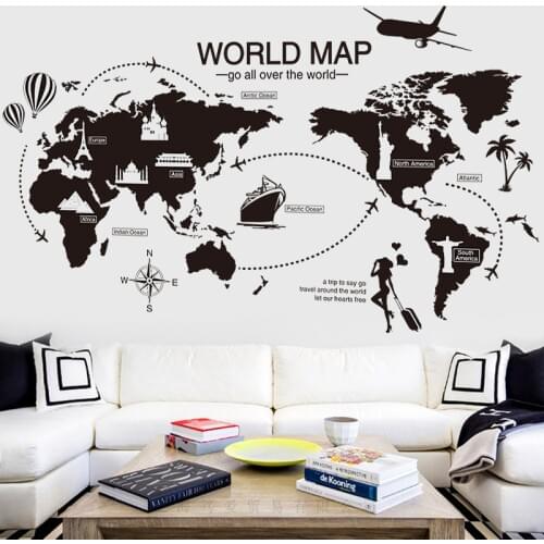 Black World Map Wall Sticker Vinyl DIY World Travel landmarks wall decals for Living room Bedroom study wall decoration sticker