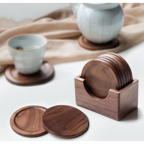 Black walnut wood coaster coffee cup holder anti-hot pad tea tray set