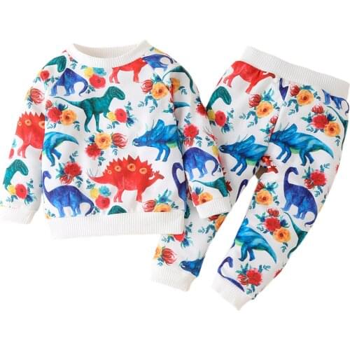 Baby Clothes Toddler Boy Girl Clothing Dinosaur Print Round Neck Long Sleeve Hoodies Trousers Set Spring Autumn Kids Tracksuit