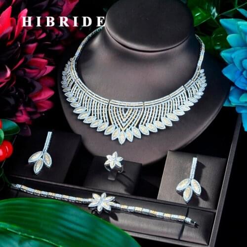 HIBRIDE Beautiful Flower Design Double Tone Plated Cubic Zircon Necklace Jewelry Set Dress Jewelry Set For Party Gifts N-843