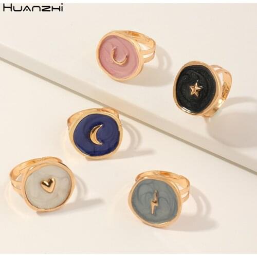 HUANZHI 2020 New Trendy Multicolor Enamel Star Moon Heart Lightning Drop Oil Metal Round Rings for Women Girl Party Jewelry Gift