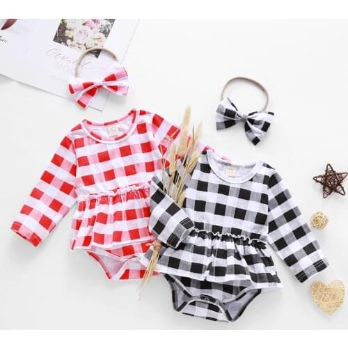 0-18M Infants Baby Girl Romper Plaid Headband Suit, O-Neck Long Sleeve Casual High Waist Headband Crotch Buttons Blouse