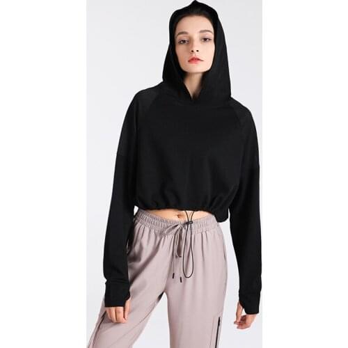 TERRY Drawstring Workout Cropped Hoodies Women Loose Fit Leisure Running Gym Sport Cropped Sweatshirts with Thumb Holes