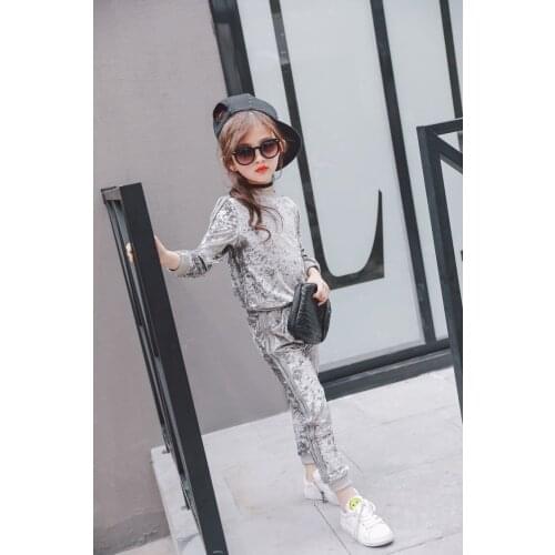 New 2019 Spring Girls Sets Kids Pleuche Sports Children Two-pieces Set Children Shirt and Pants Toddler Sports Set No Bag,2-7Y
