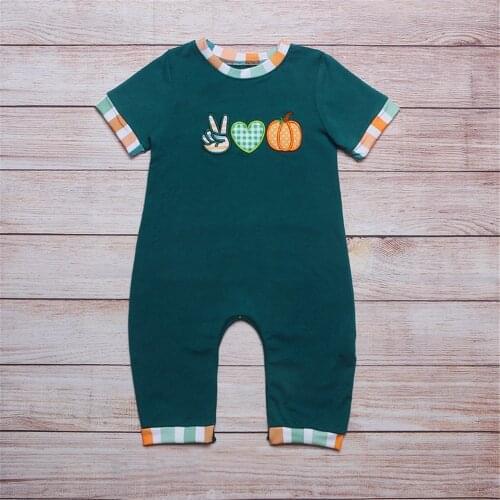 2021 Summer New Style Baby Boy Jumpsuit Green Heart-Shaped Pumpkin Embroidered Short-Sleeved Trousers Children’S Clothing
