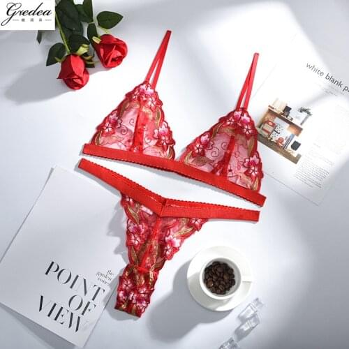 GREDEA New Ladies Mesh Lace Embroidered Lingerie Wirefree Bra Flame Red Thin Transparent Sexy Underwear Erotic Thong Set