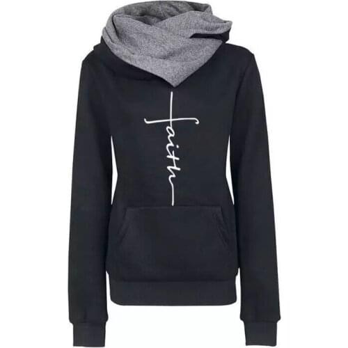 Autumn Winter Hoodies Sweatshirts Women Faith Print Sweatshirts Long Sleeve Pullovers Casual Warm Hooded Tops