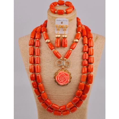 Orange Nigerian Coral Beads Necklace African Jewelry Set 3R-A-1