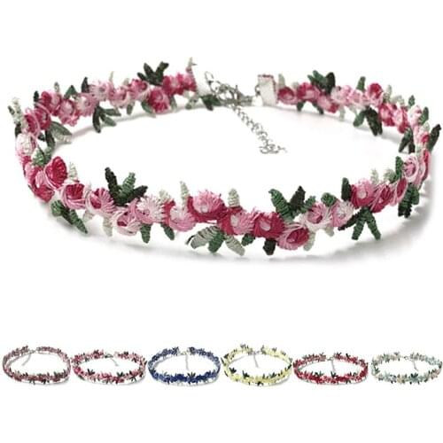 Boho Flower Charms Chian Necklace Choker Necklaces for Women Girl Harajuku Collars Bohemian Cute Flower Fabric Lace Jewelry