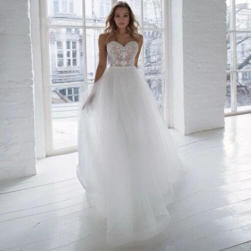 Simple Sweetheart Appliques Lace Buttons Tulle A-Line Wedding Dress 2021 Vestido De Noiva Bridal Gown
