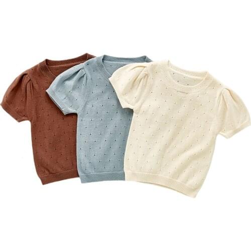 New Kids Knitting Sweaters Baby Solid Pullover Tops Hollow Out Short Sleeve Lotus Breathable Collar Baby Girls Pullover Sweaters