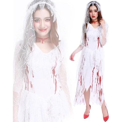 Purim Carnival costumes Women Ghost Dead Bride with white dress Cosplay Costume Adult Party Fancy Dress Outfit for Halloween