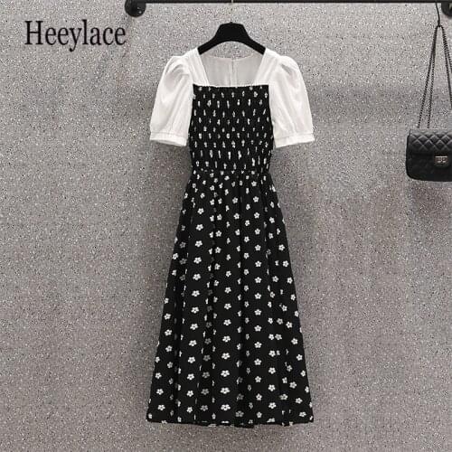 Plus Size Women Elegant Vintage Puff Sleeve Dresses For Women Summer Print Patchwork Long Dresses Female Korean Casual Vestidos
