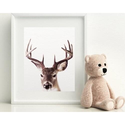 Deer Print Antlers Woodlands Animal Modern Wall Art Canvas Painting Nursery Decor Kids Room Wall Picture Poster Decoration