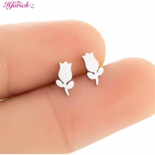 Stainless Steel Creative Flowers Snowflake Rose Tree Life Tree Coconut Tree Leaf Stud Earring for Men Women Daily Party Jewelry
