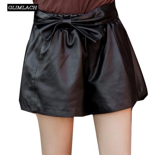 Korean Bow Sashes Lambskin Genuine Leather Shorts Women Real Leather Sexy Wide Leg Elastic Waist Hot Shorts With Belt Streetwear