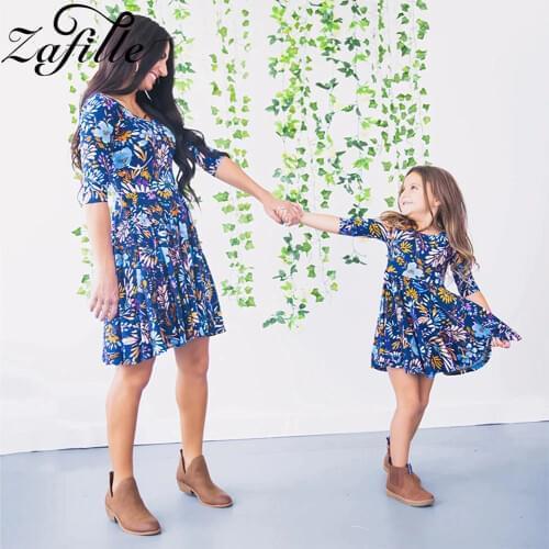 ZAFILLE Spring Mom and daughter dress 2021 Blue Floral Print Mommy and me Dress Family Look Mother and Daughter Clothes