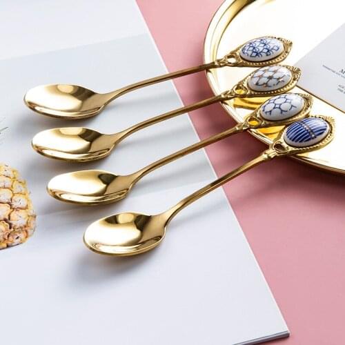 Vintage Stainless Steel Stirring Spoon Embossed Coffee Ladle Ceramic Handle Gilt Cake Spoon Dinnerware Honey Scoop Tableware