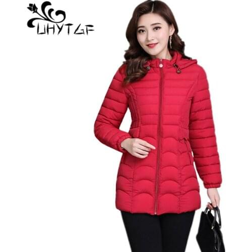 UHYTGF Parka Womens Winter Coats Cotton Women Hooded Jacket Plus size Thick Warm Winter Parkas Female Down cotton Overcoat X468