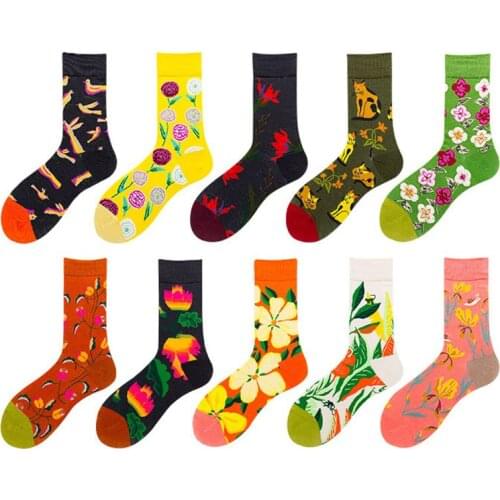 Flower Pattern Women Socks Cotton Breathable Mid Tube Socks Casual Style 1Pair Cartoon Funny Female Girls Long Socks