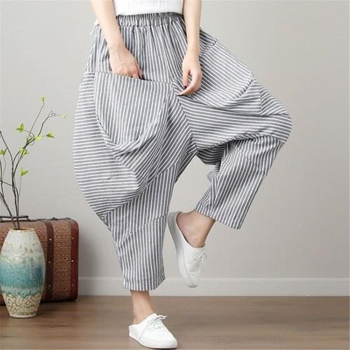 2020 Summer Women Harem Pants Cotton Linen Oversized Patch Pocket Cropped Pants Vintage Striped Sweatpants Sarouel Femme