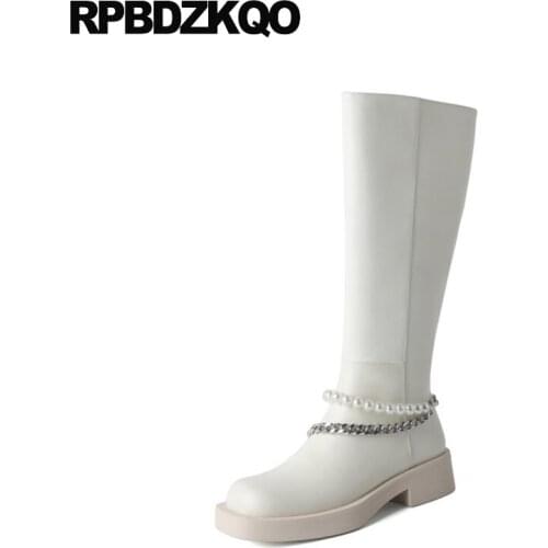 Shoes Long Chain Ladies White Knee High Riding Chunky Brand Women Winter Boots Genuine Leather Metal Tall Square Toe Heel Zipper