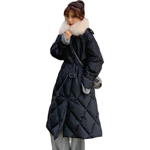 Winter Women Real Fur Collar Hooded Long Down Coat Double Breasted 90% White Duck Down Parka Windebreaker With Belt